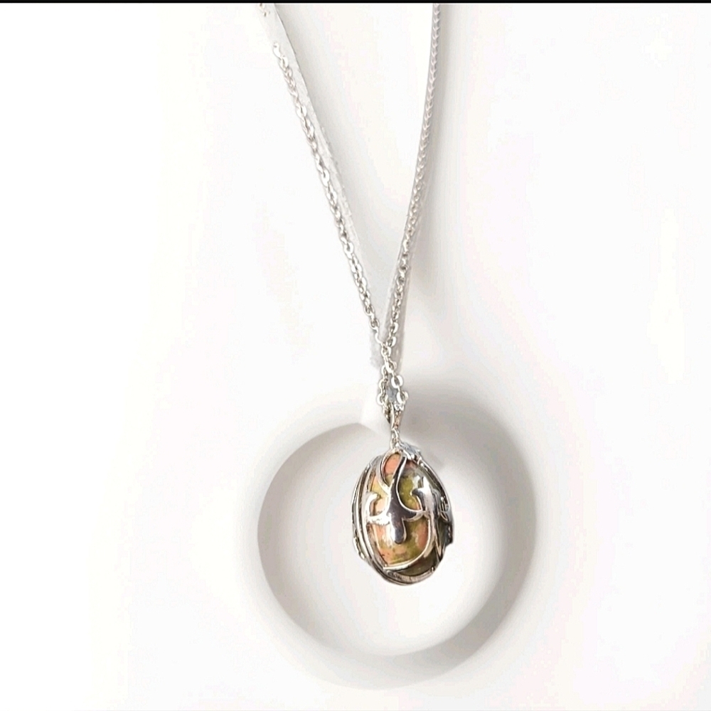 Unakite Egg Pendant Necklace Stainless Steel 20 inch